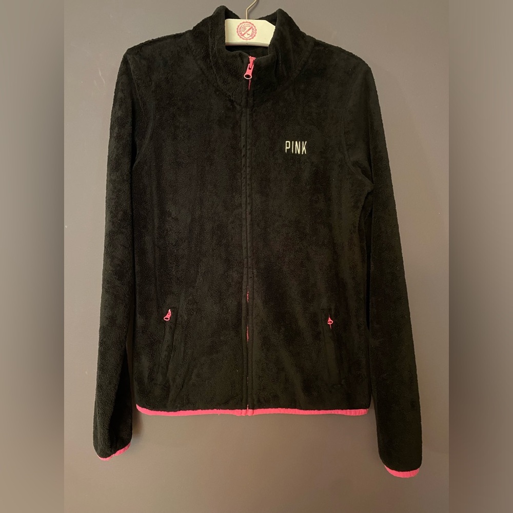 Victoria’s Secret Vs Pink Vintage Full Zip Fleece Jacket Coat Black Htf Rare Xs
